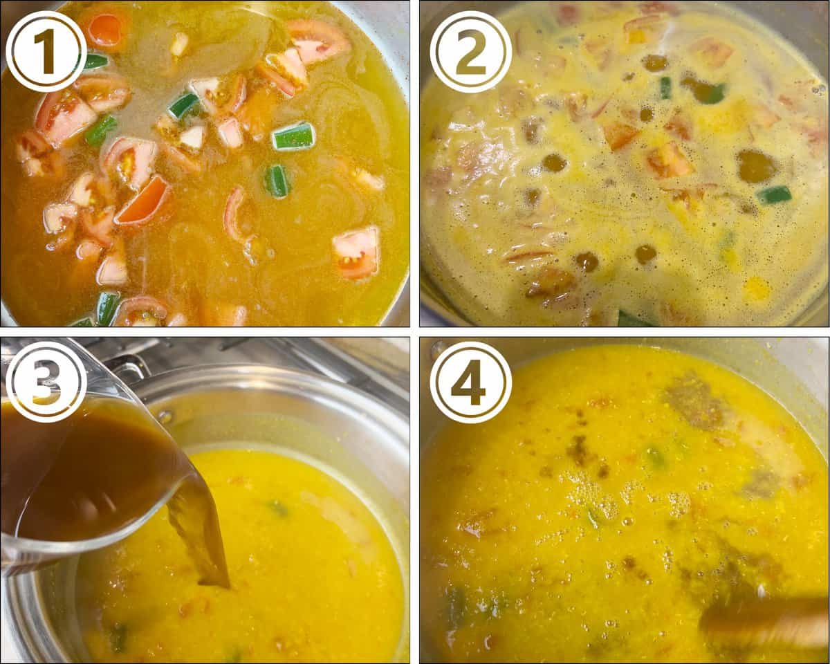 A collage that shows the initial stages of preparing a lentil curry (khatti dal).