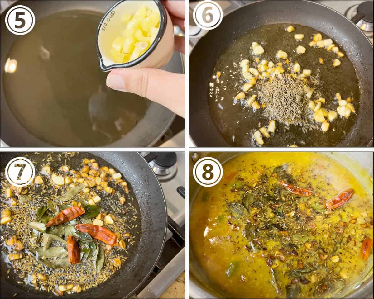A collage that shows the tempering being prepared for a lentil curry (khatti dal)