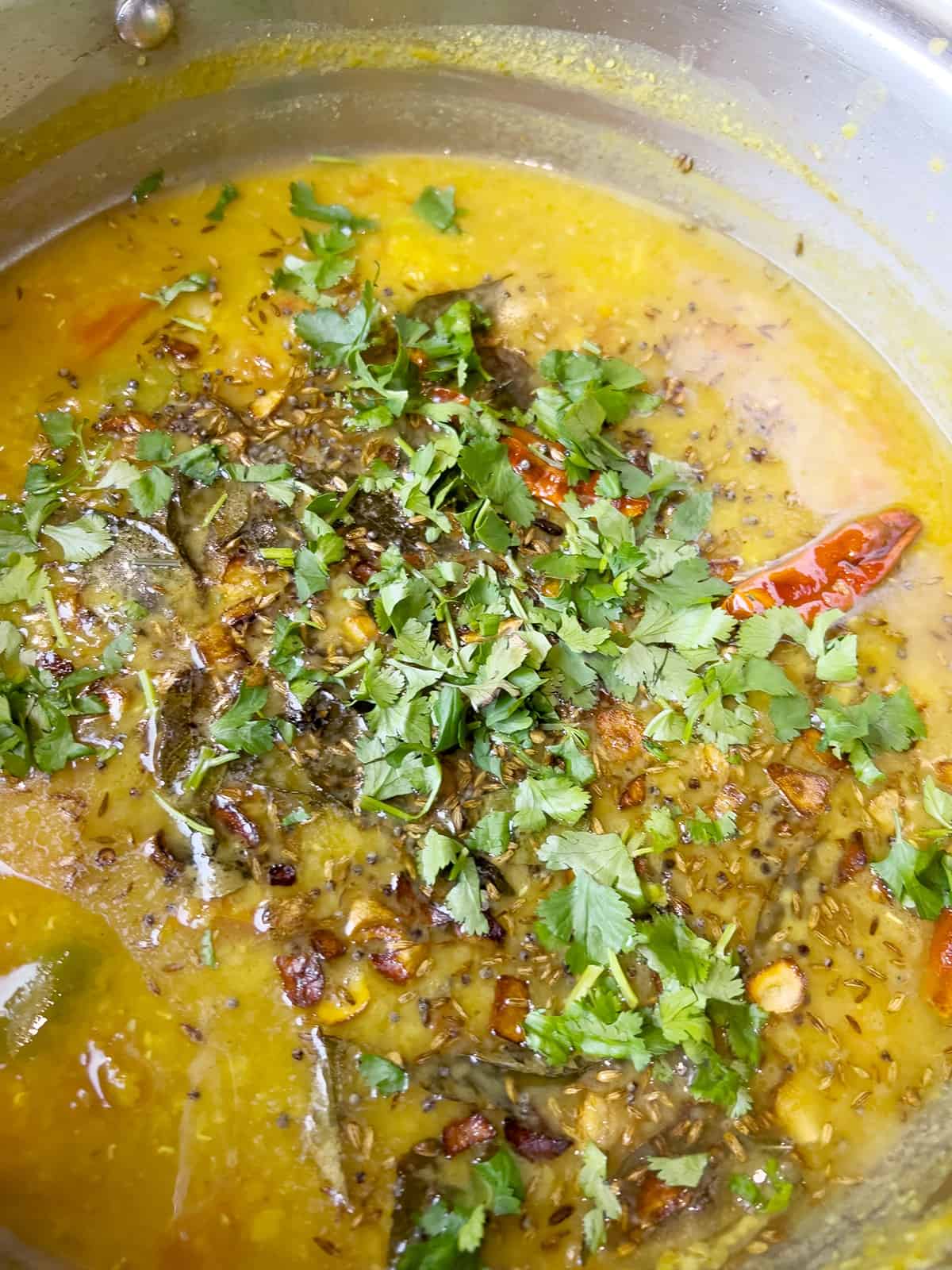 Finished lentil curry (khatti dal) in the cooking pot is tempered and garnished with cilantro.