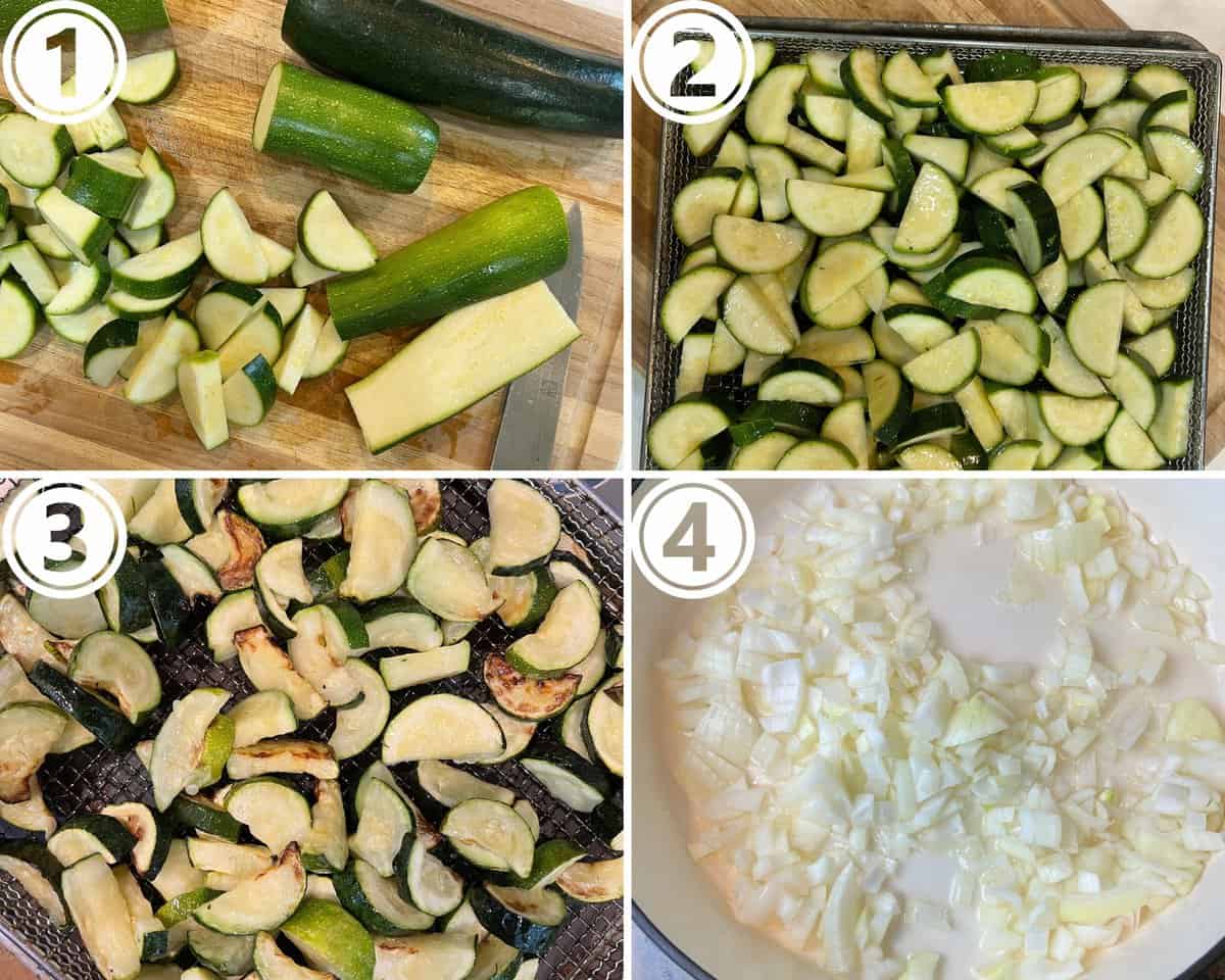 A collage showing zucchini being chopped, then air fried and onions being cooked.