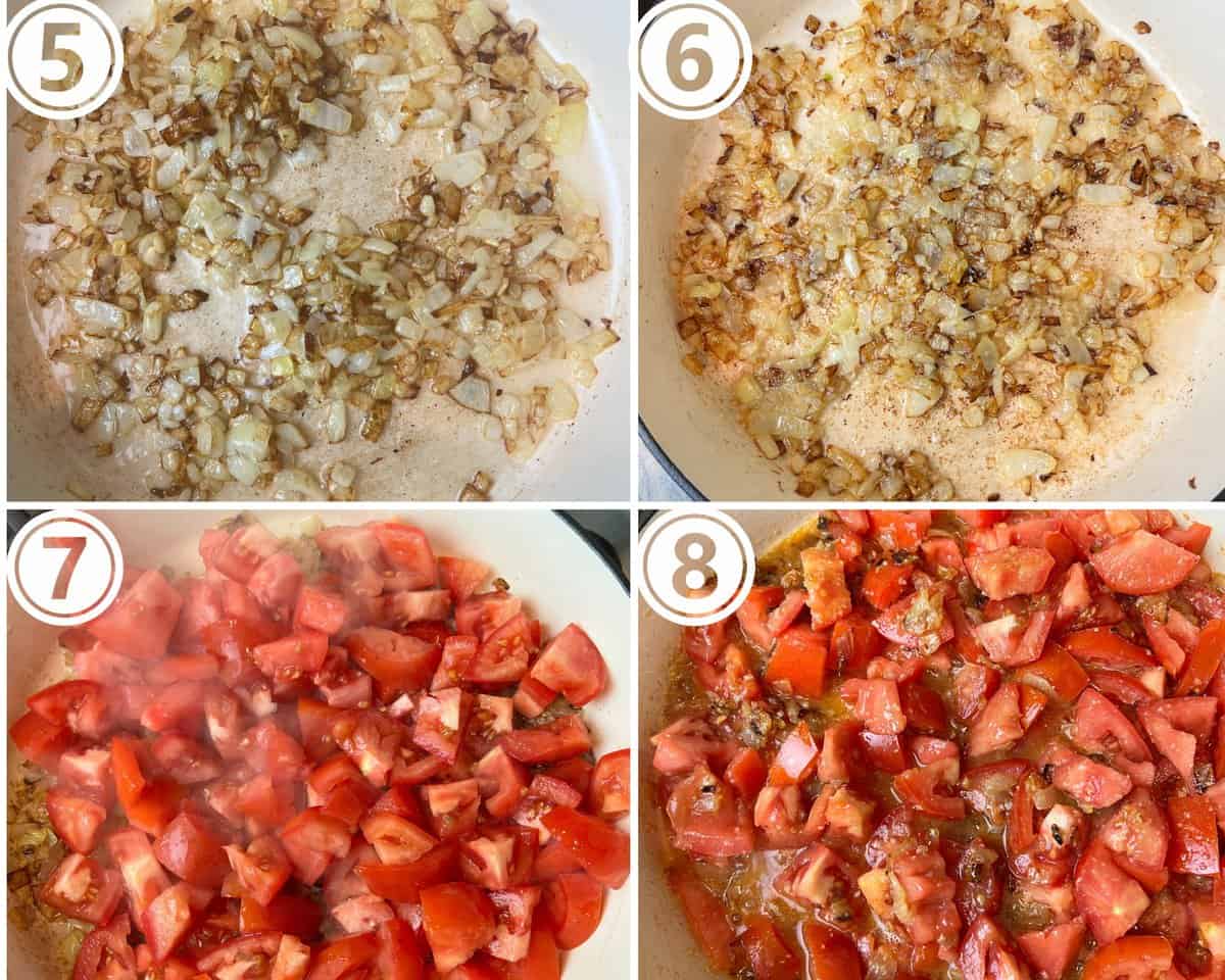 A collage showing onions cooked to a medium brown with some garlic paste and chopped tomatoes.