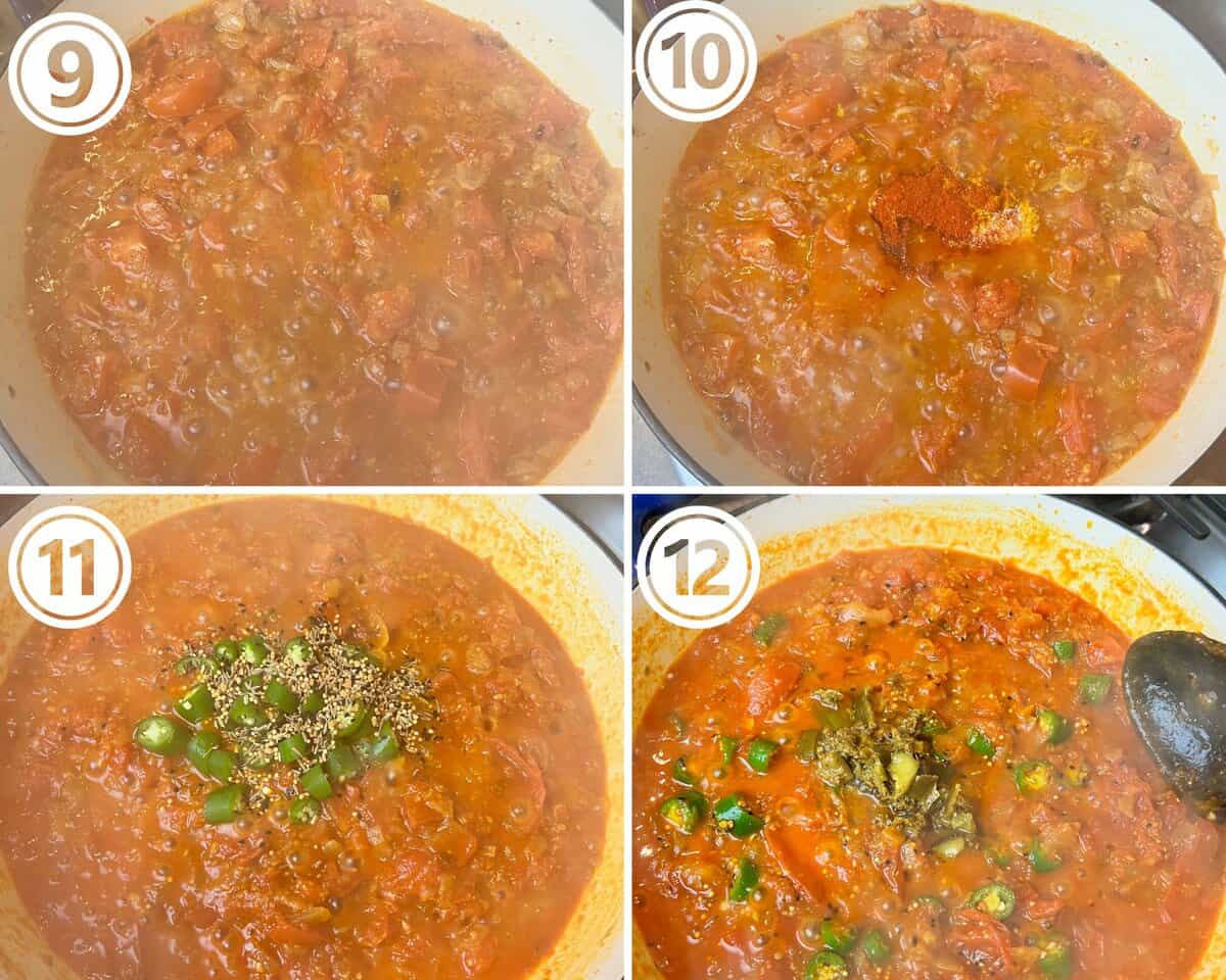 A collage showing a tomato and onion based curry being cooked with powdered spices, panch poron spice blend, green chillies and achar(pickle).