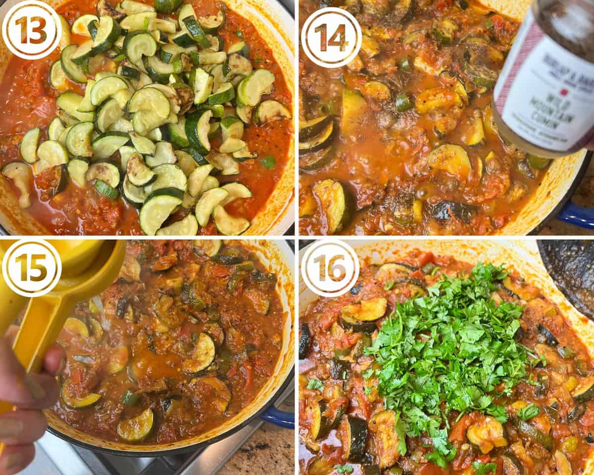 A collage showing a curry being cooked with chopped turai, cumin seeds and cilantro.