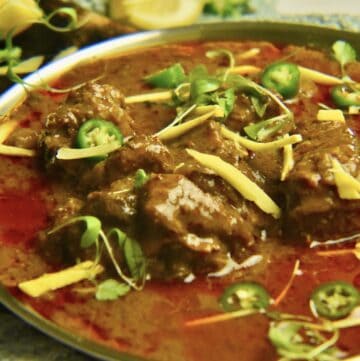 Nihari topped with ginger, chopped green chilies and cilantro microgreens.