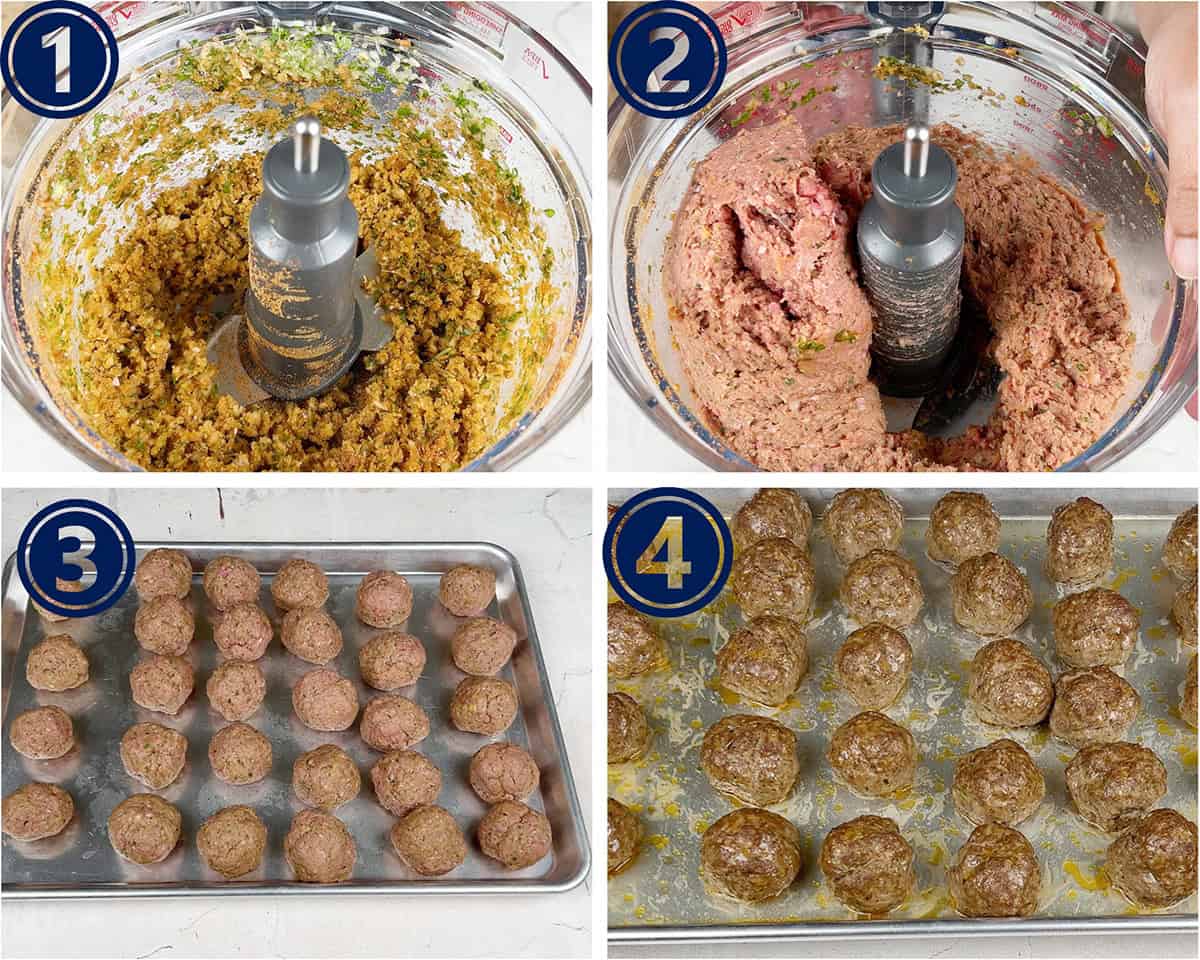 A collage of 4 pictures shows how to prep beef meatballs for a recipe.