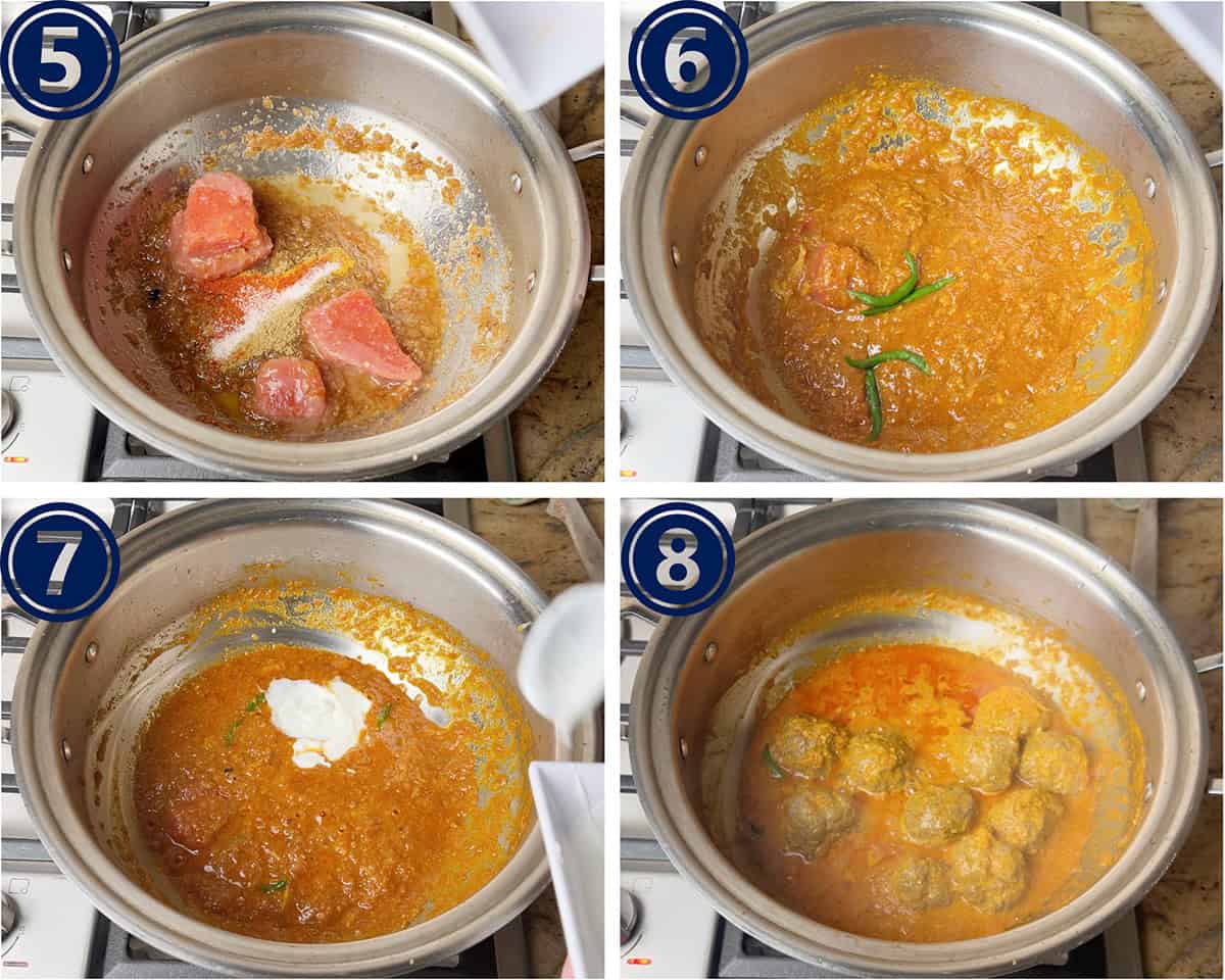 A series of pictures shows how to prepare a curry for a kofta recipe.