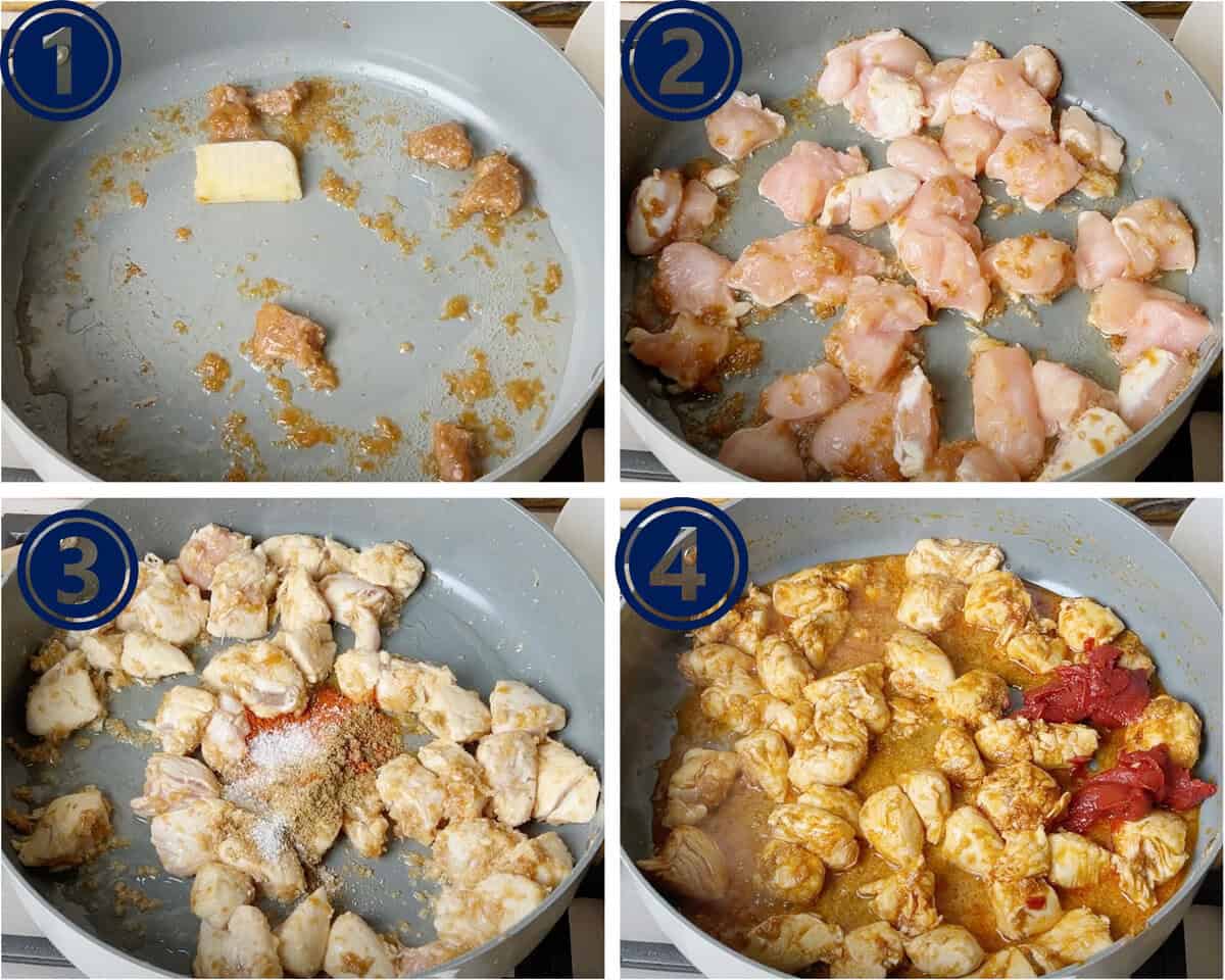 A collage of pictures that show the early stages of cooking a butter chicken curry.