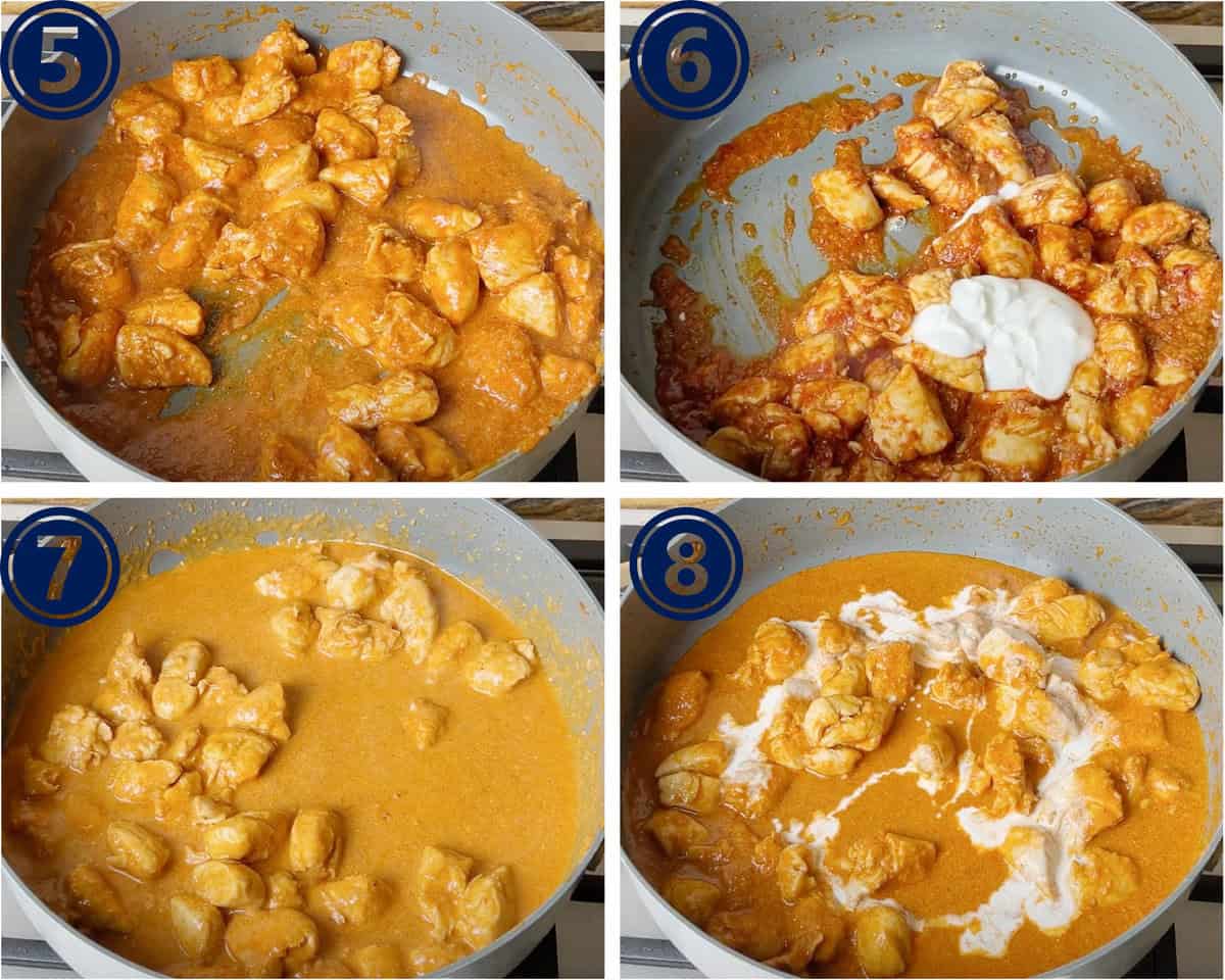 A collage of pictures are showing a murgh makhani recipe being cooked to a finish.