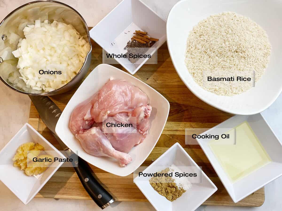 Ingredients for a Pakistani chicken and rice dish.