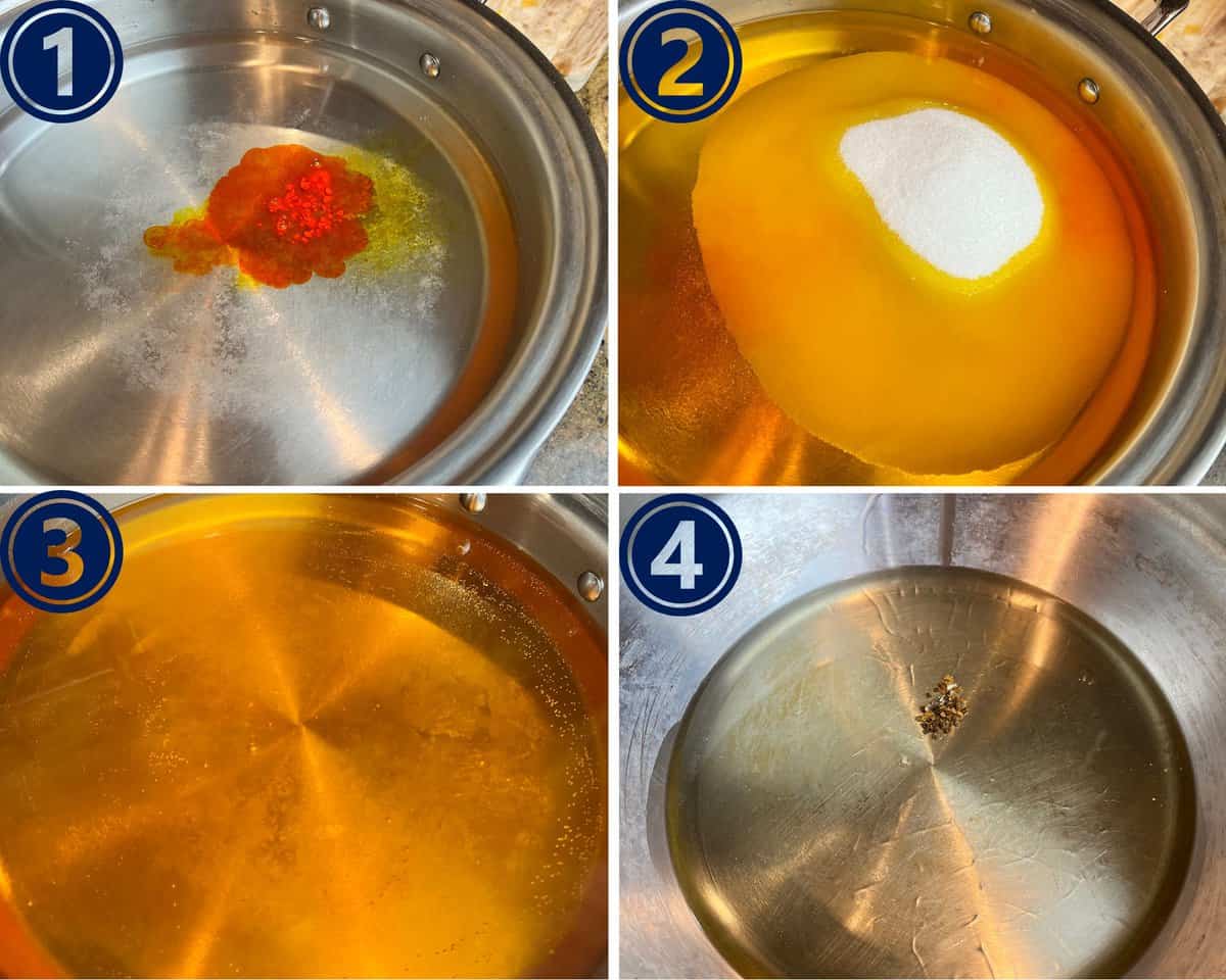a stainless steel pot filled with water, yellow food coloring and sugar and another pot with cooking oil and cardamom seeds. 