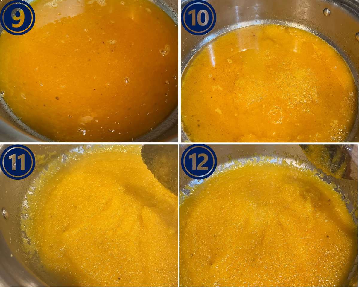 a stainless steel pot with yellow halwa cooking at different stages of the process.