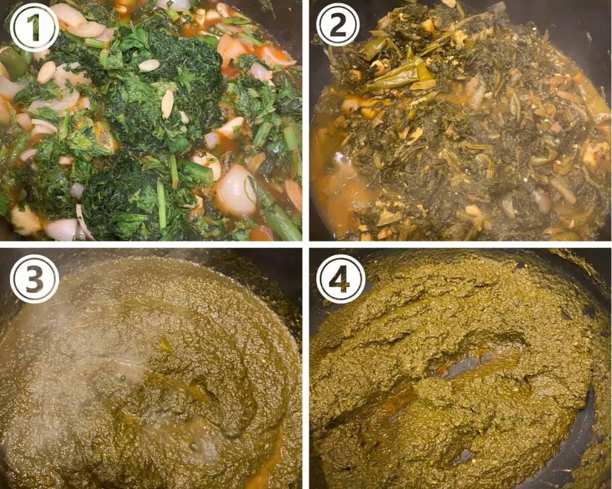A collage showing sarson ka saag being cooked with other ingredients and then pureed.