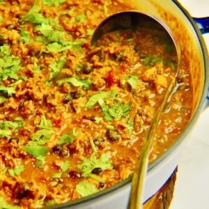 sweet potato and black bean chili garnished with cilantro in a blue cooking pot with a silver ladle in it.