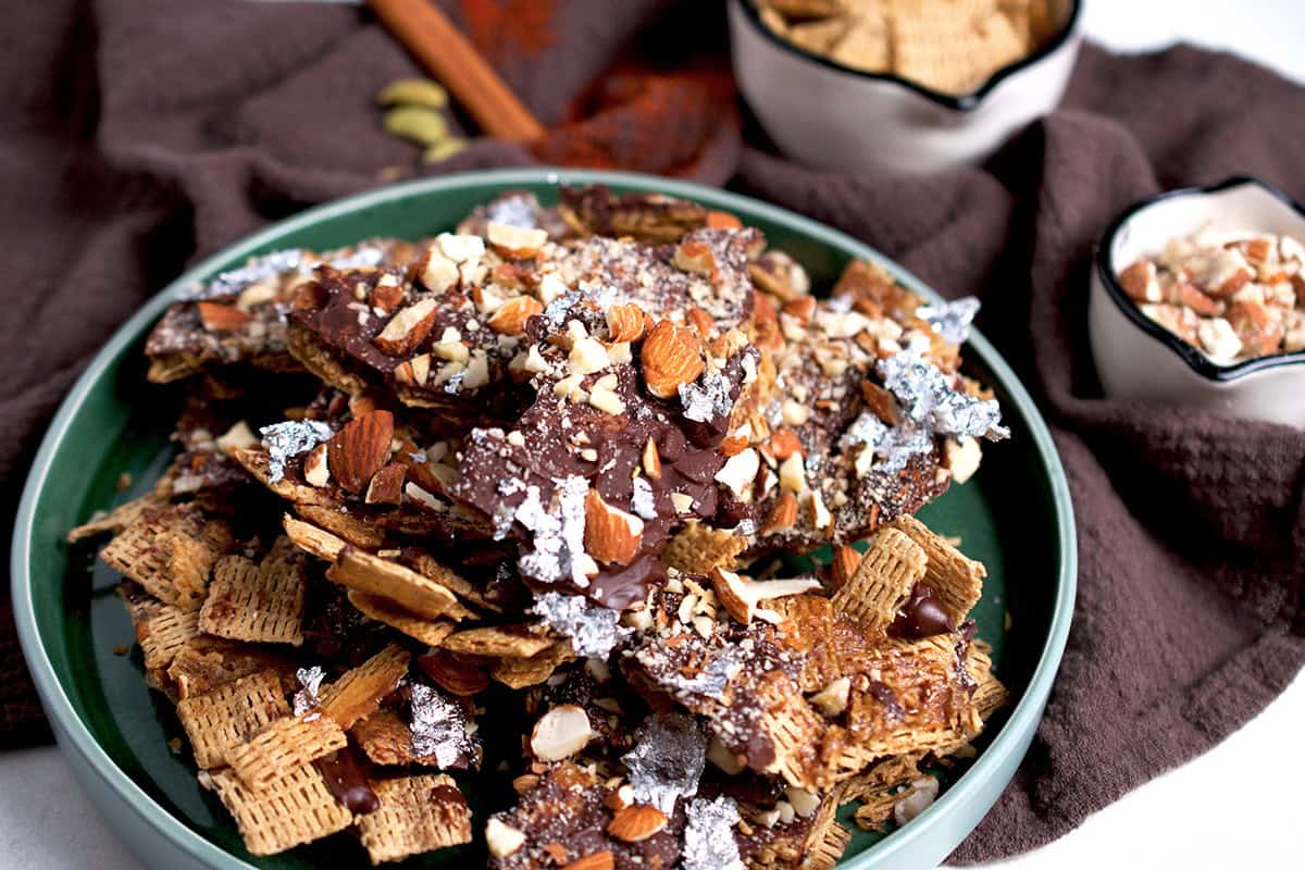 A sweet and salty Chex mix recipe is plated and ready to be served.