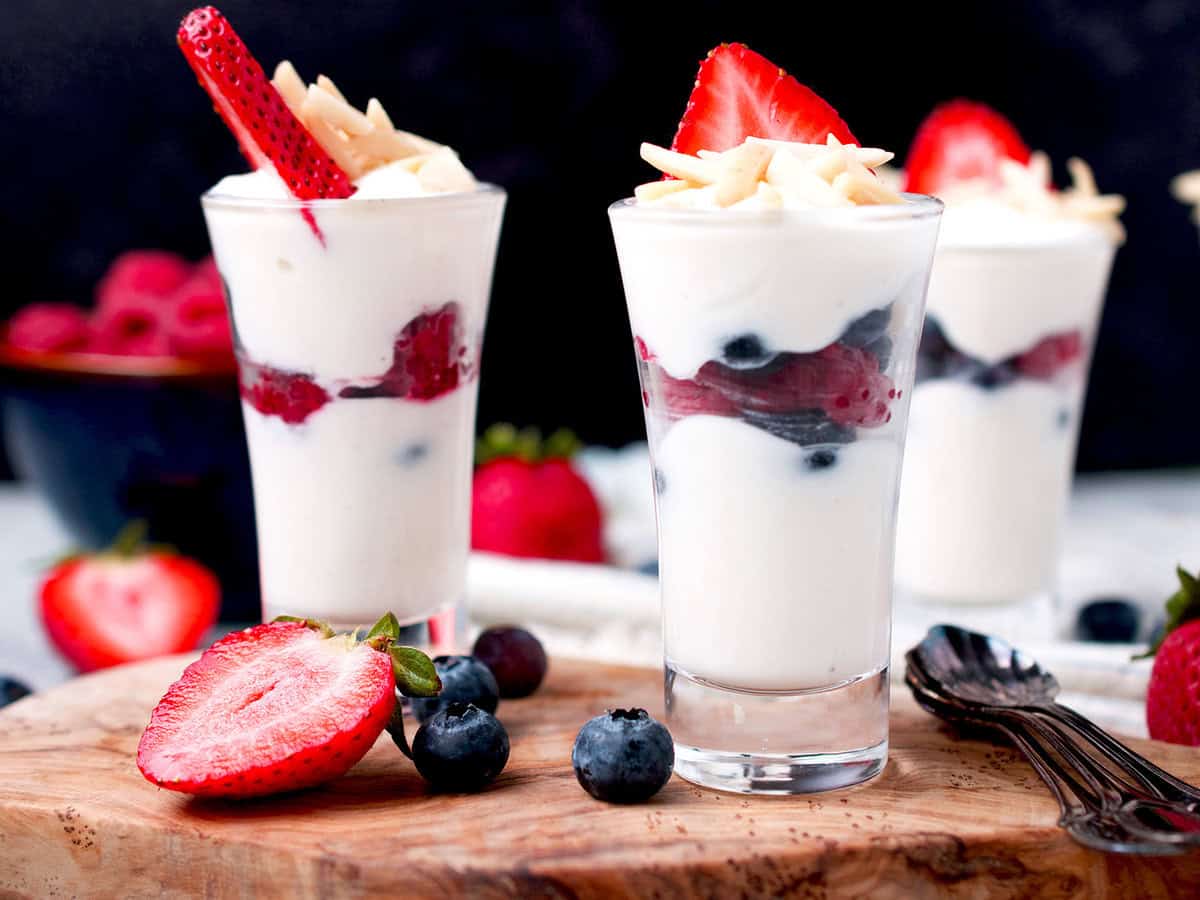 Mixed berry parfait made with strawberries and blueberries.