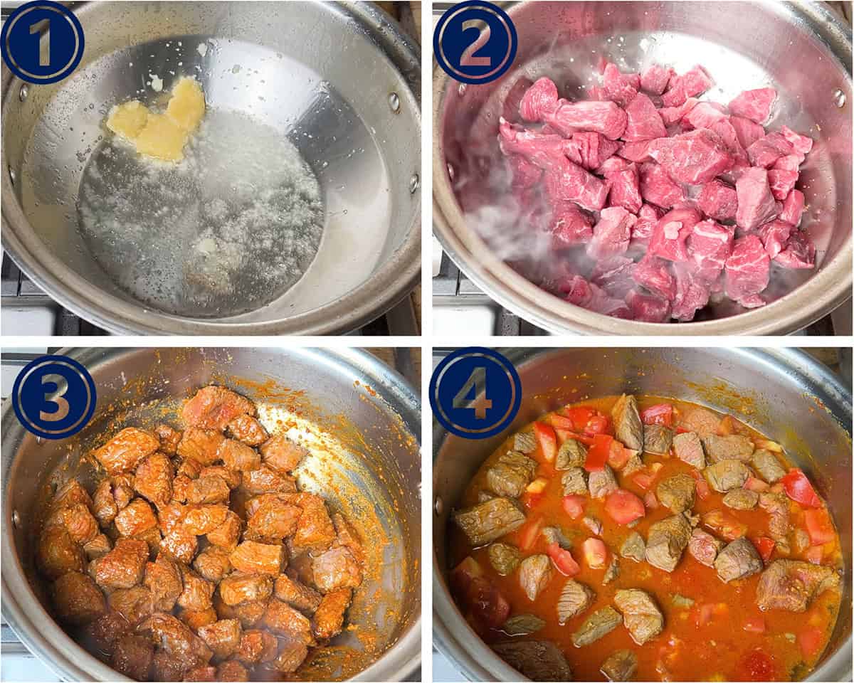 A series of pictures show the early stages of a beef karahi recipe being cooked.