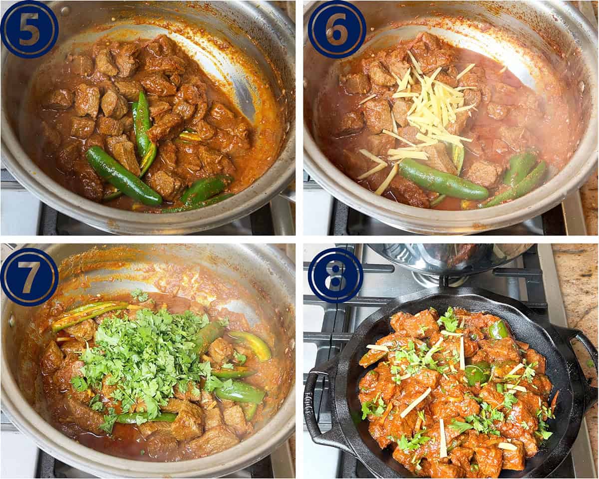 A karahi gosht recipe is being cooked at different stages of the process.