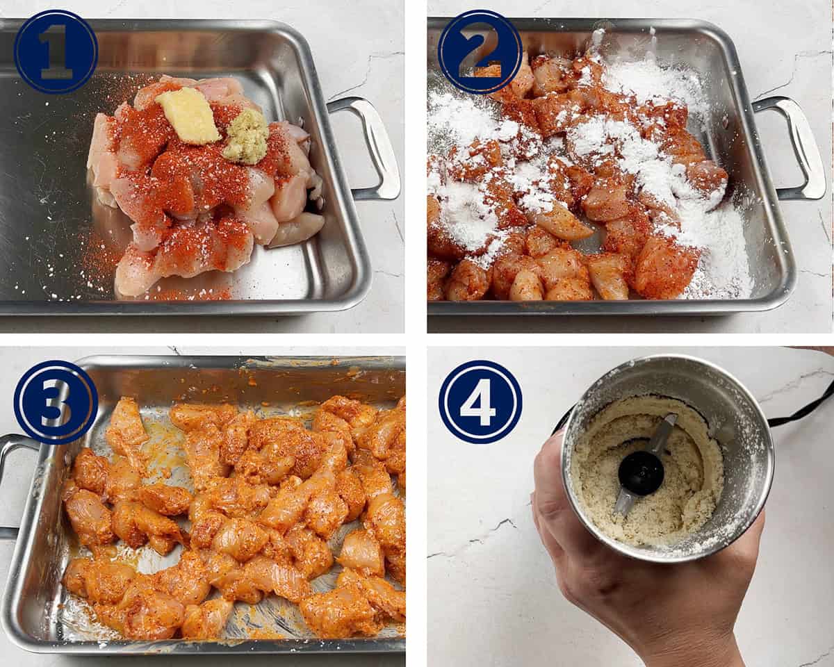 Chicken is being marinated and a cashew paste prepared for a recipe.