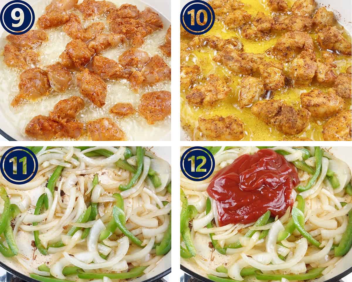 Chicken is being fried, and vegetables sauteed for a spicy chicken recipe.