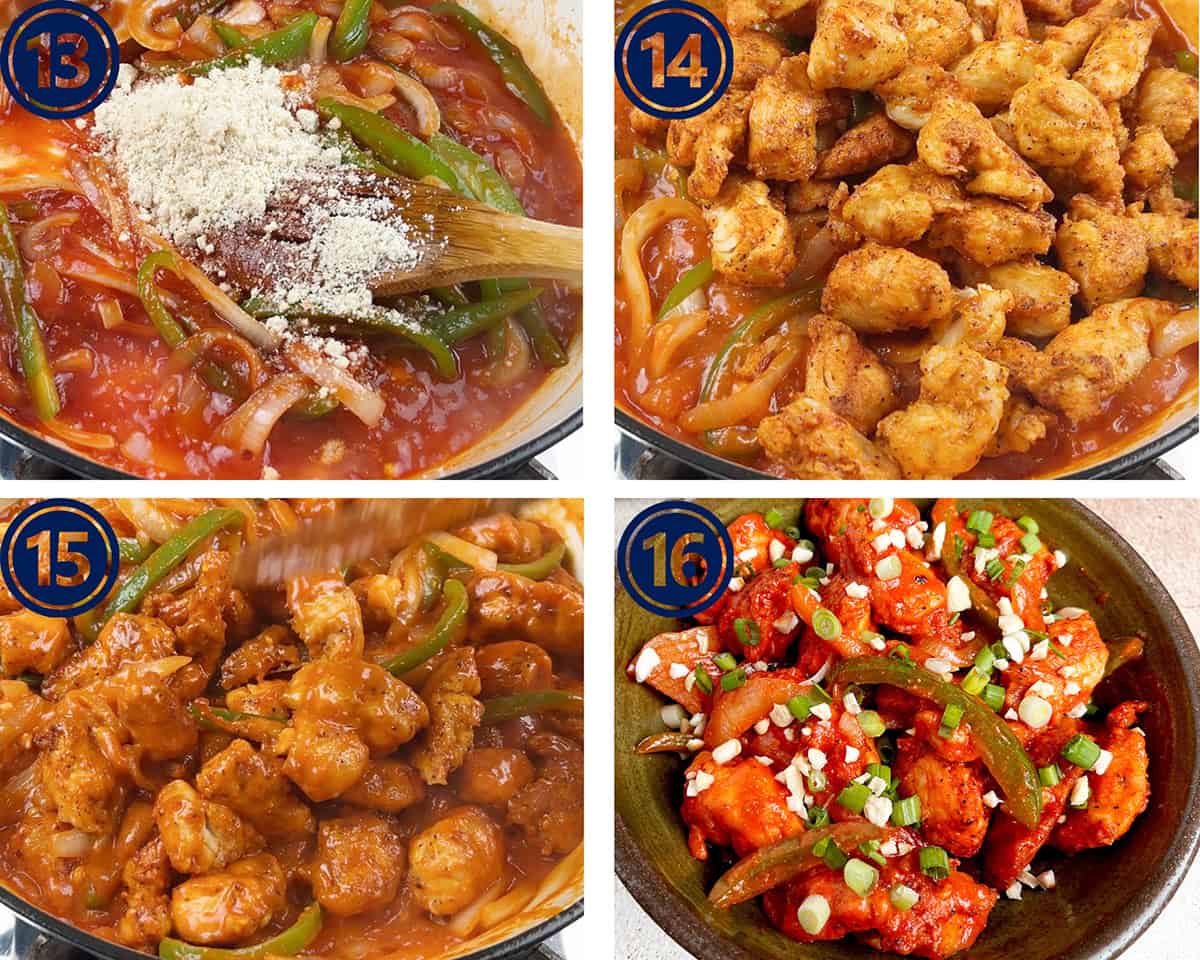 Chicken and vegetables are being cooked in a savory base with a cashew nut paste.