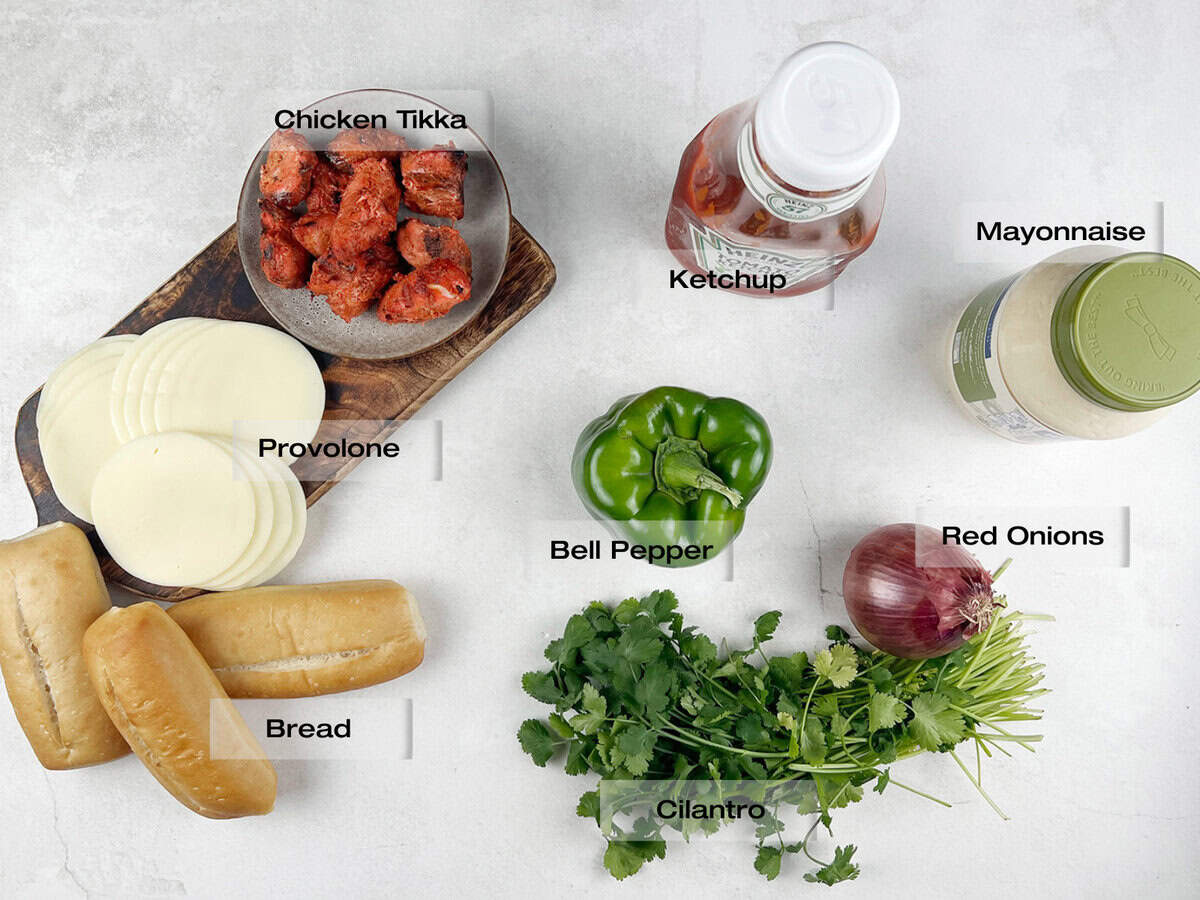 Ingredients for a chicken tikka sandwich recipe.