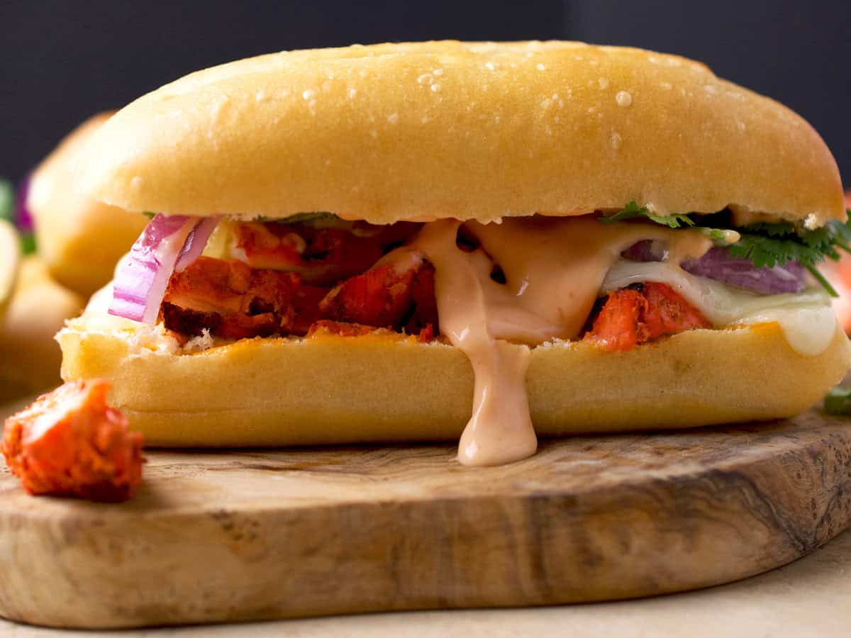 Pakistani chicken tikka sandwich.