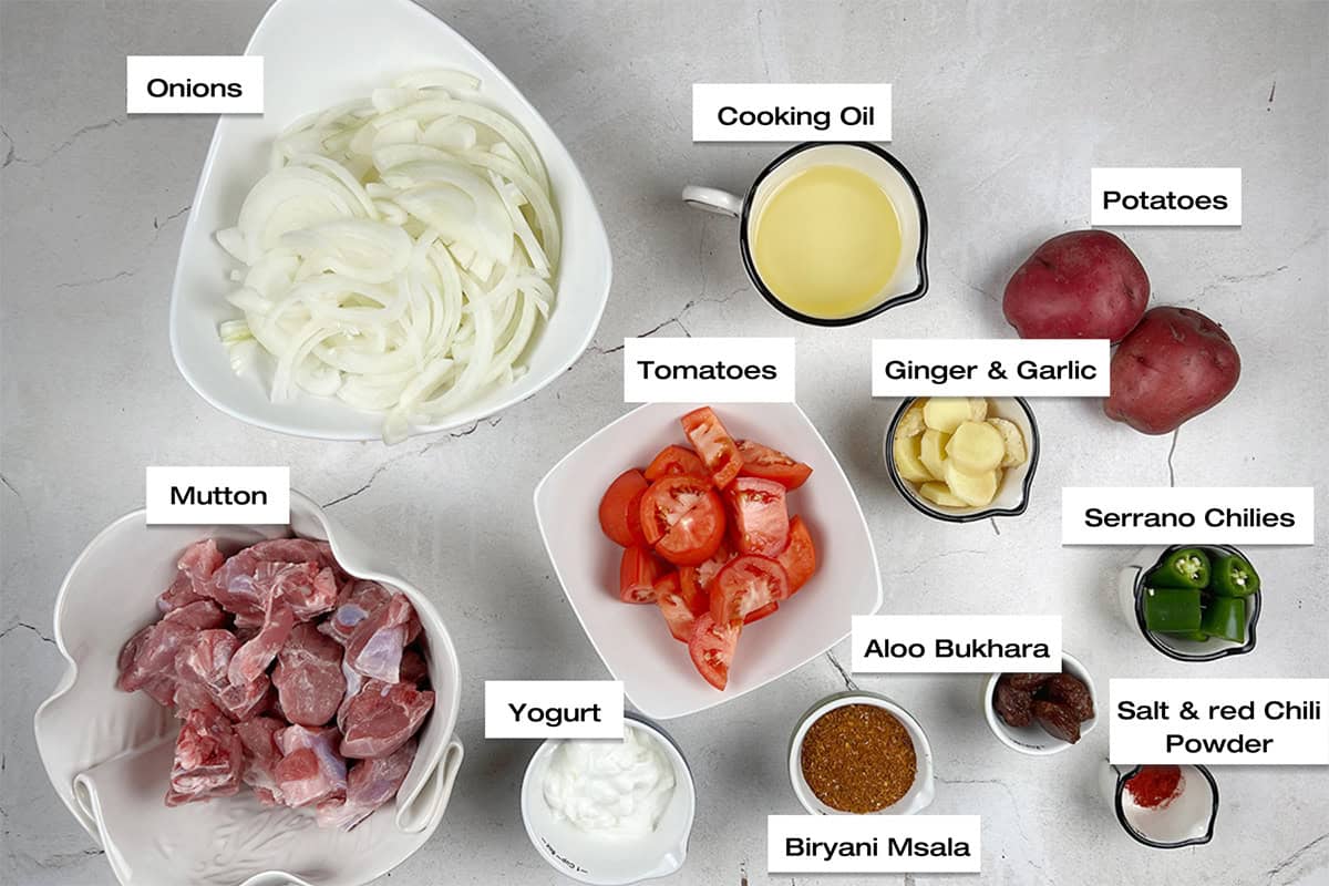 Ingredients to cook a korma for a biryani recipes are laid out on a kitchen counter.