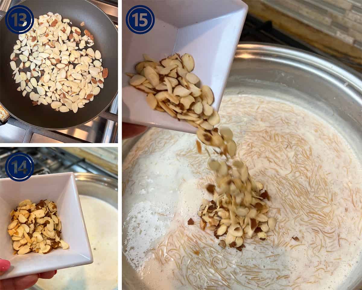 A collage showing nuts being toasted in a black fry pan and then added to a silver cooking pot filled with vermicelli kheer.