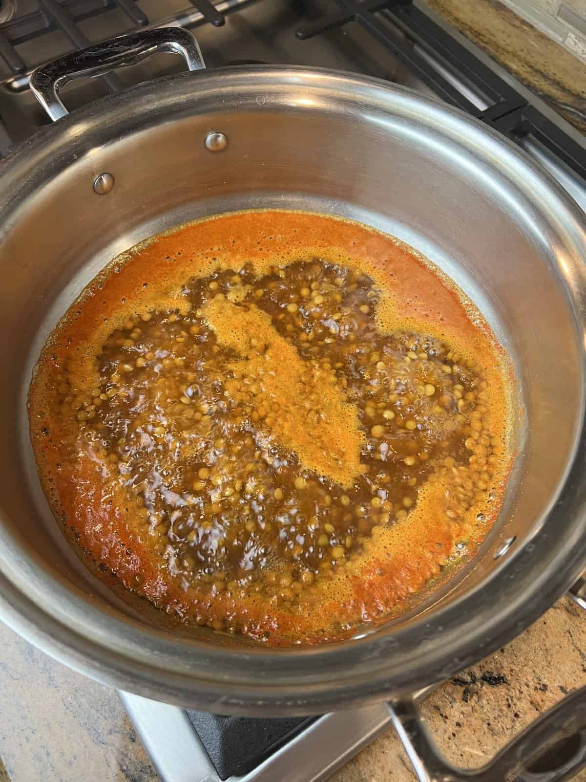 A stainless steel cooking pot filled with brown lentils, water and the mix of spices reaching a boil.