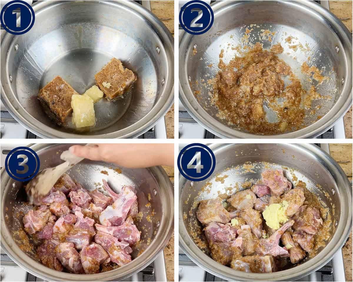 A collage of pictures that illustrate how to prep the base for a curry for a dal gosht recipe.