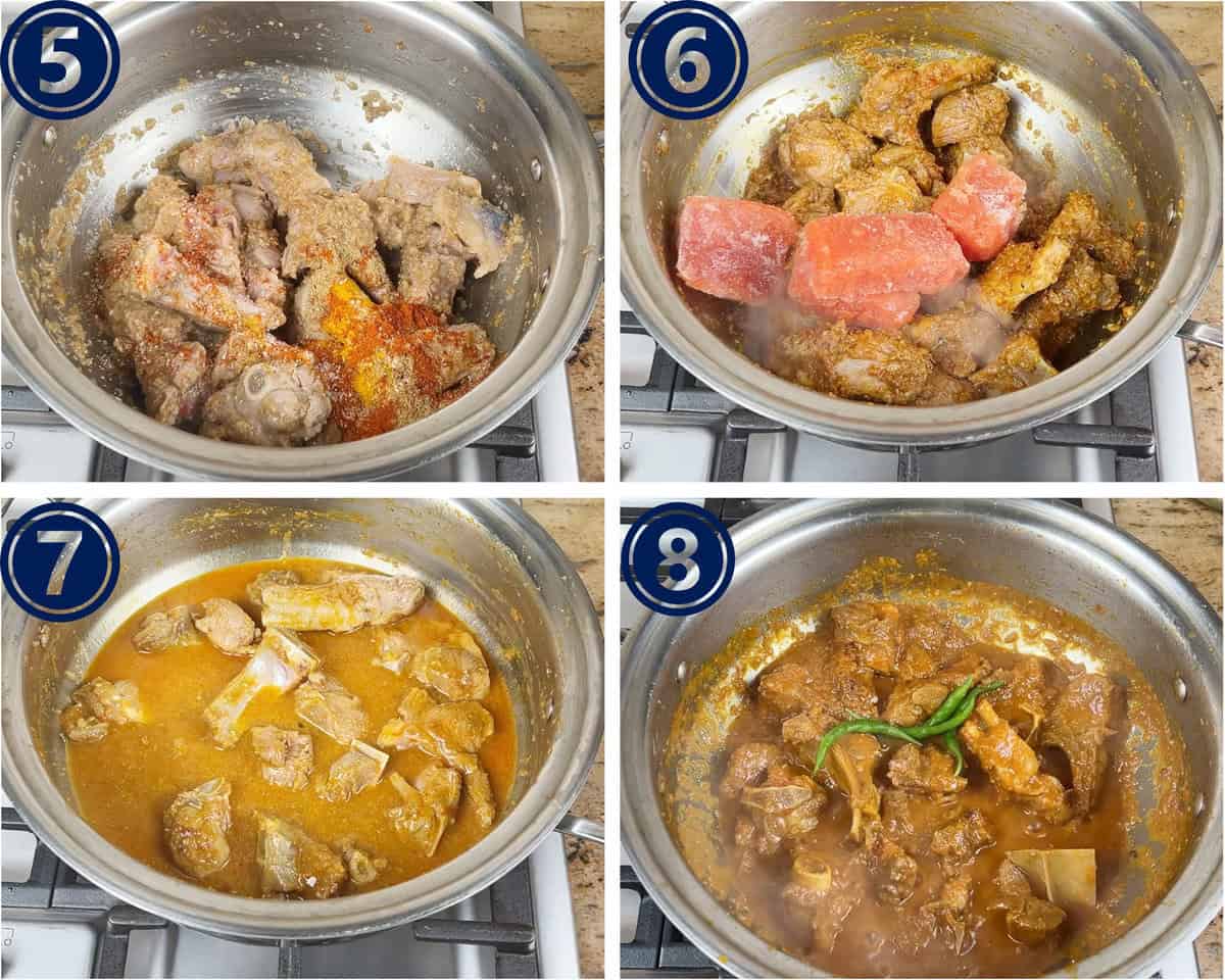 Four images in a collage that show how to cook meat for a meat and lentil curry.