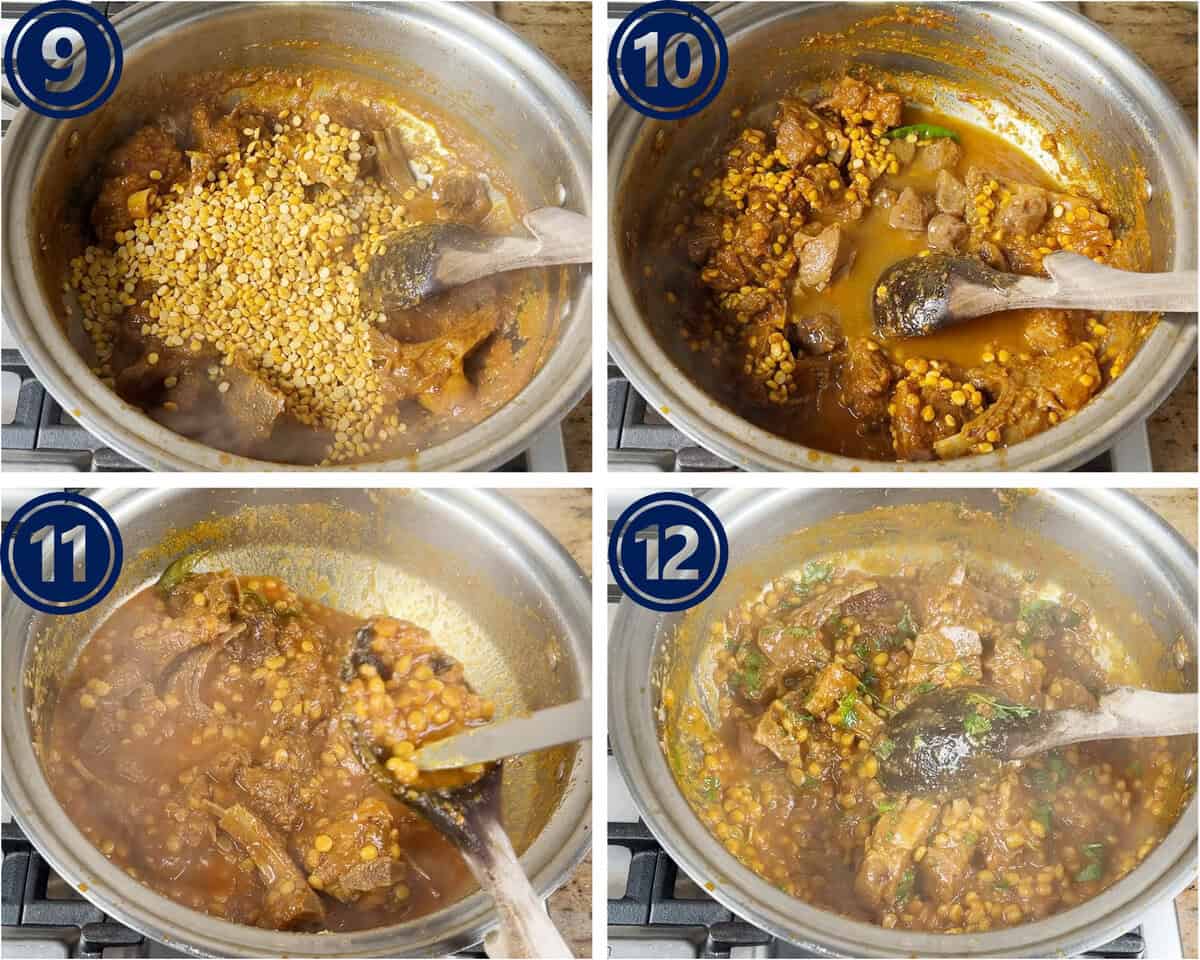 Lentils are added to cooked meat to finish a recipe for dal gosht.