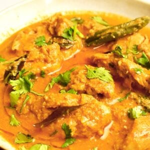 Hyderabadi chicken curry garnished with cilantro in a white bowl.