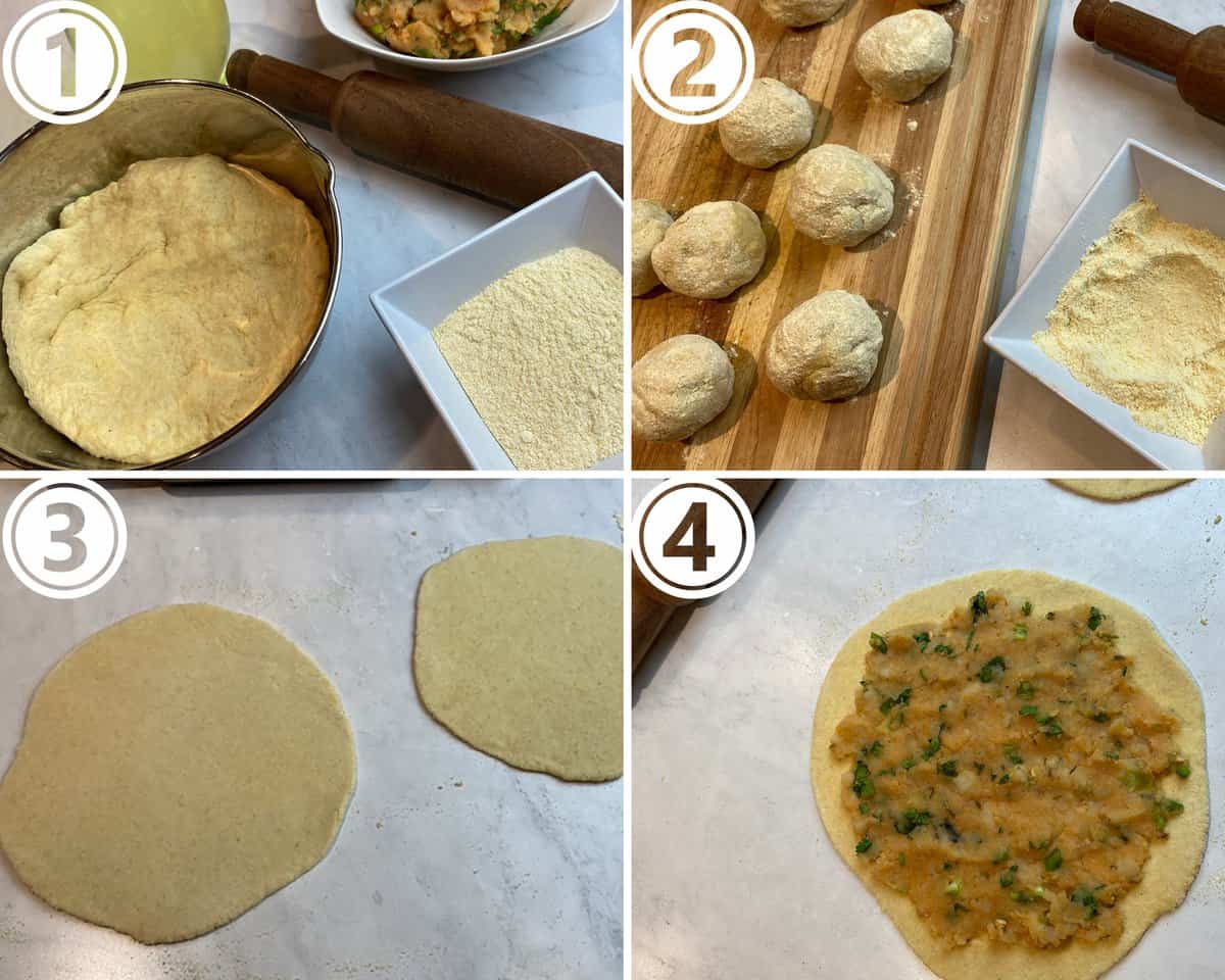 Collage showing kneaded dough rolled into balls that are then rolled out into circles and stuffed with spiced mashed potatoes.