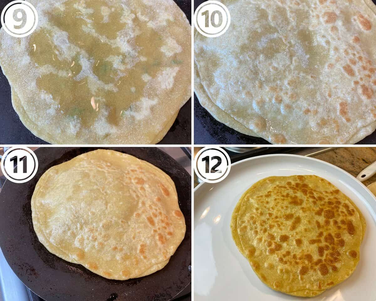 A collage showing potato stuffed flatbread at 4 different stages of cooking.