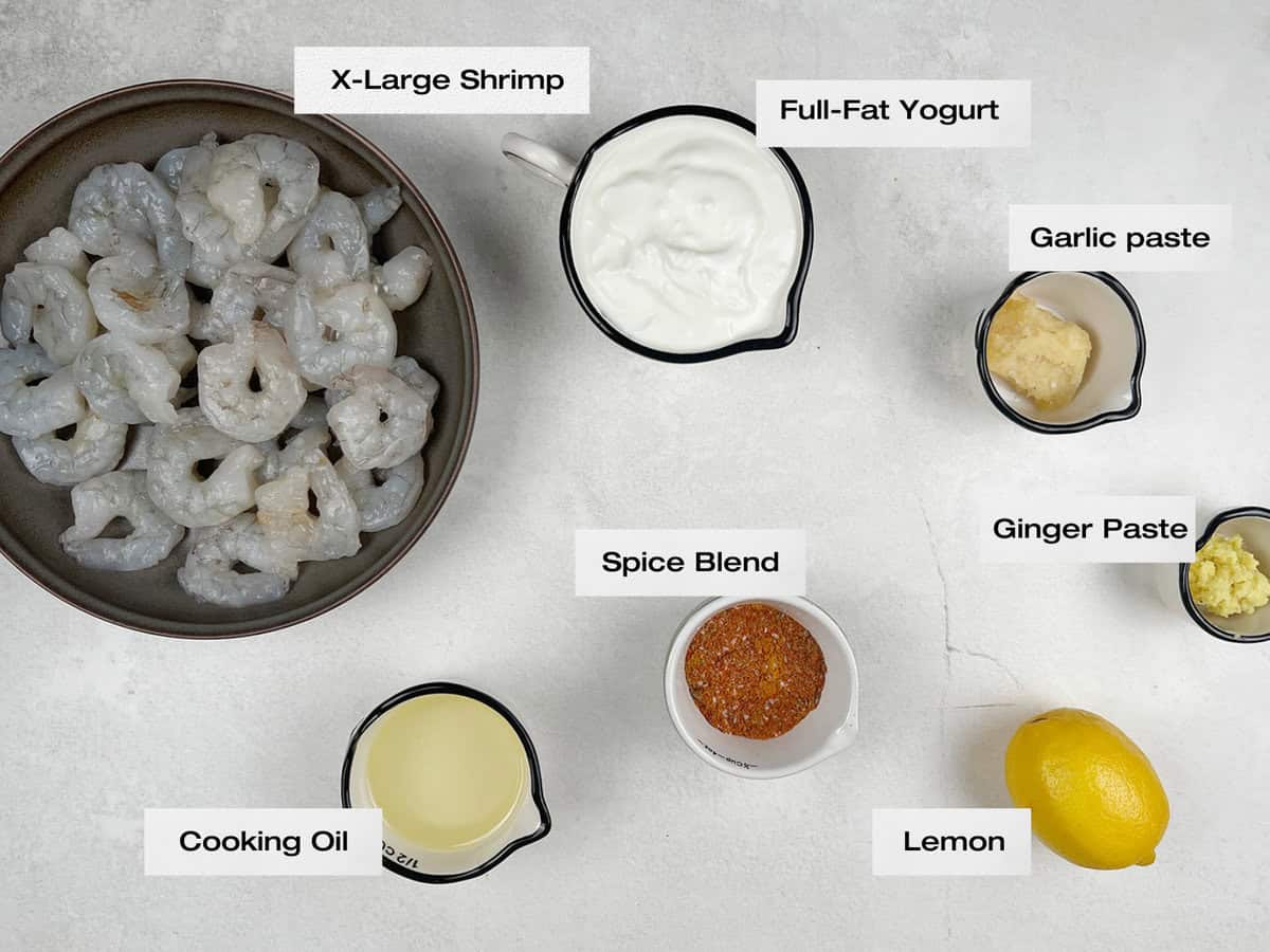 Ingredients for a tandoori shrimp recipe.