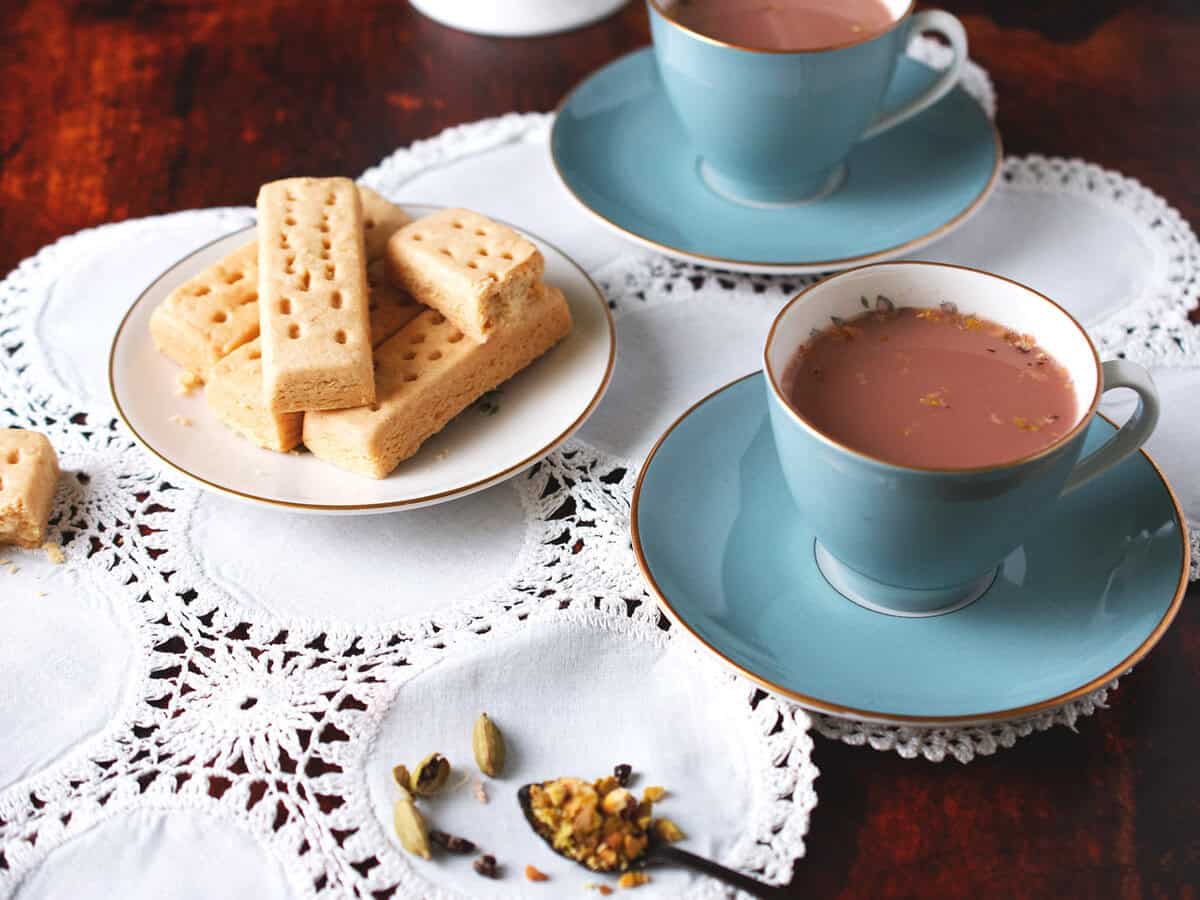Kashmiri Chai with a garnish of pistachios.