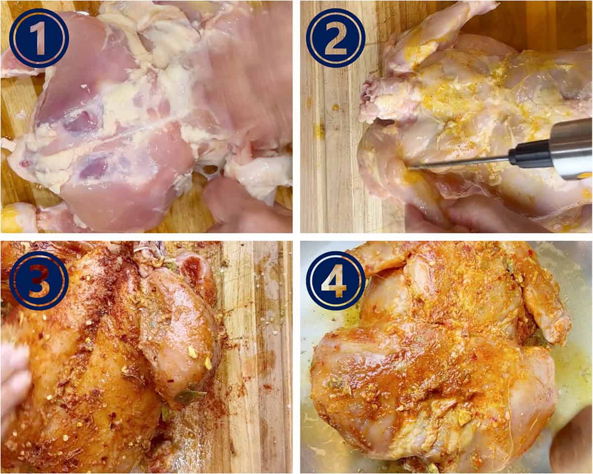 A whole chicken is skinned, injected with a marinade and then layered with another marinade for a roast recipe.