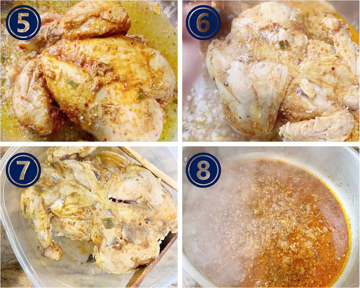 A marinated whole chicken is being cooked in a wide stainless steel cooking pot.