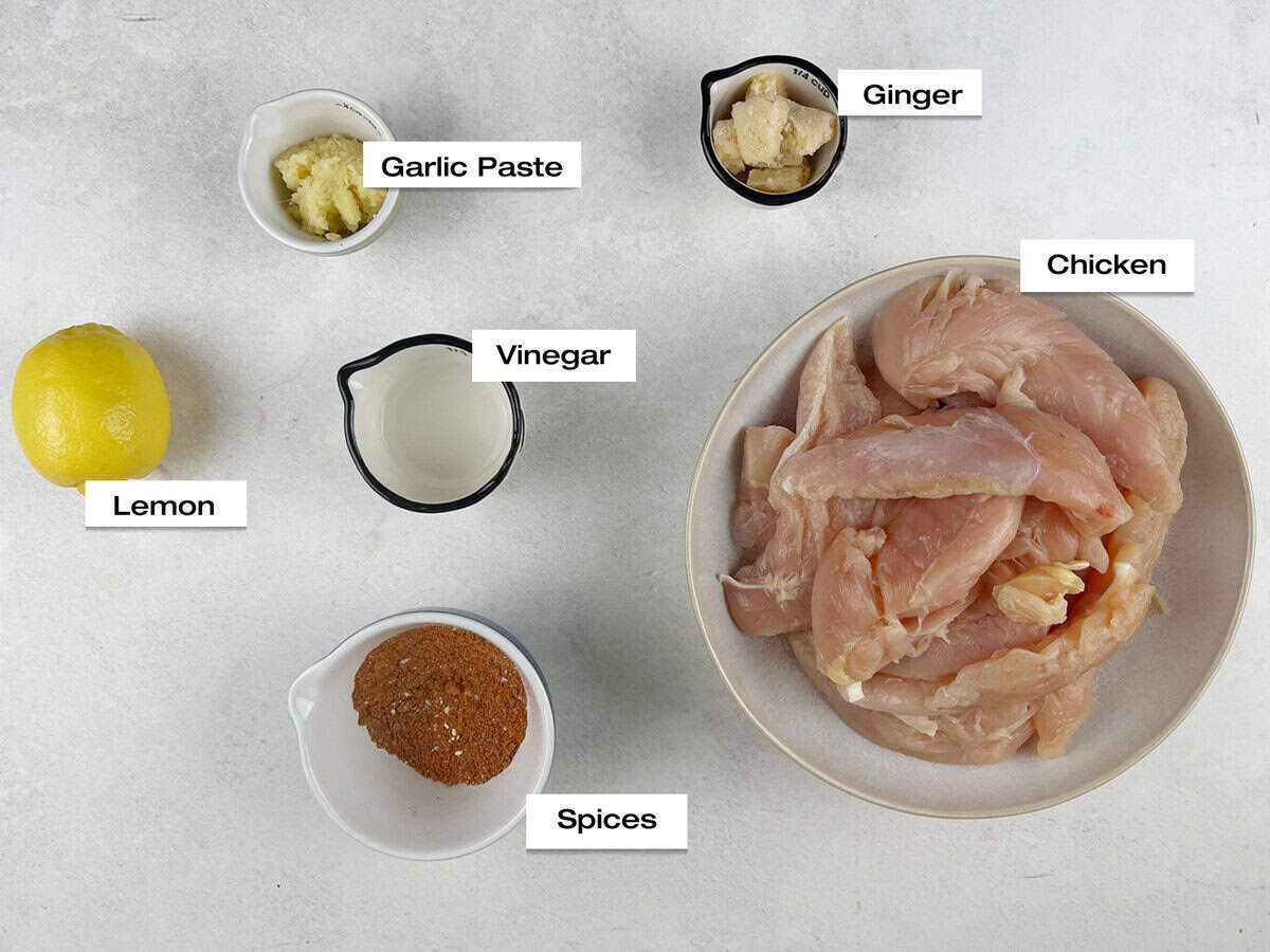 Ingredients for a Pakistani grilled chicken recipe.
