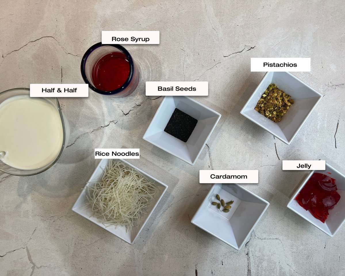 Containers filled with all the ingredients to make Falooda on a kitchen counter.