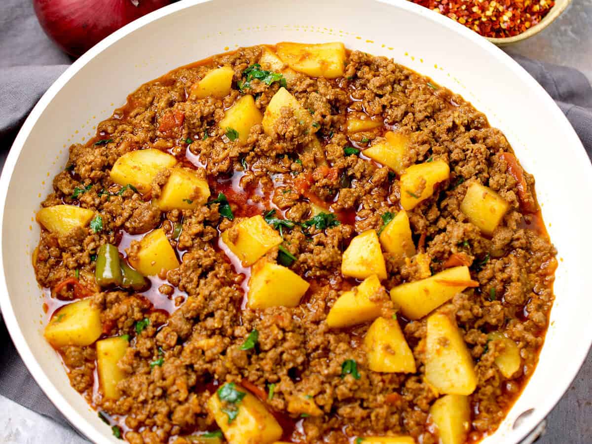 Pakistani aloo keema (meat and potato curry).