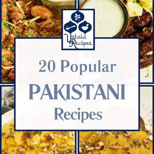 A collage of recipes for a roundup post of 20 popular Pakistani recipes