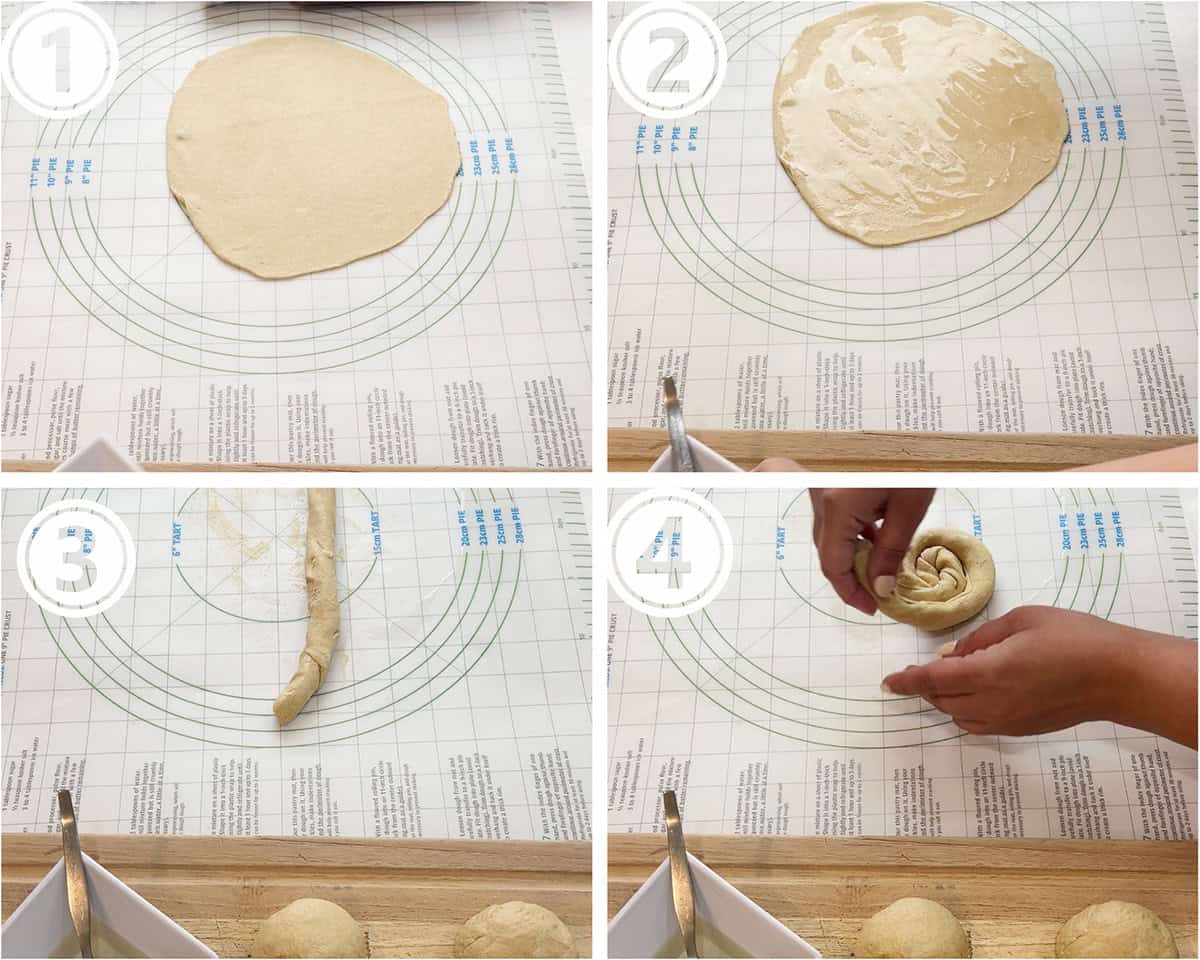 A series of pictures illustrate how to roll out a layered paratha.