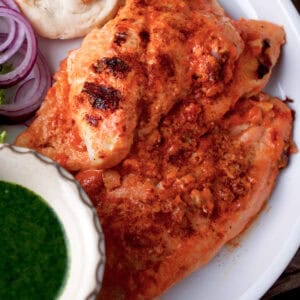 Freshly cooked plated tandoori fish.