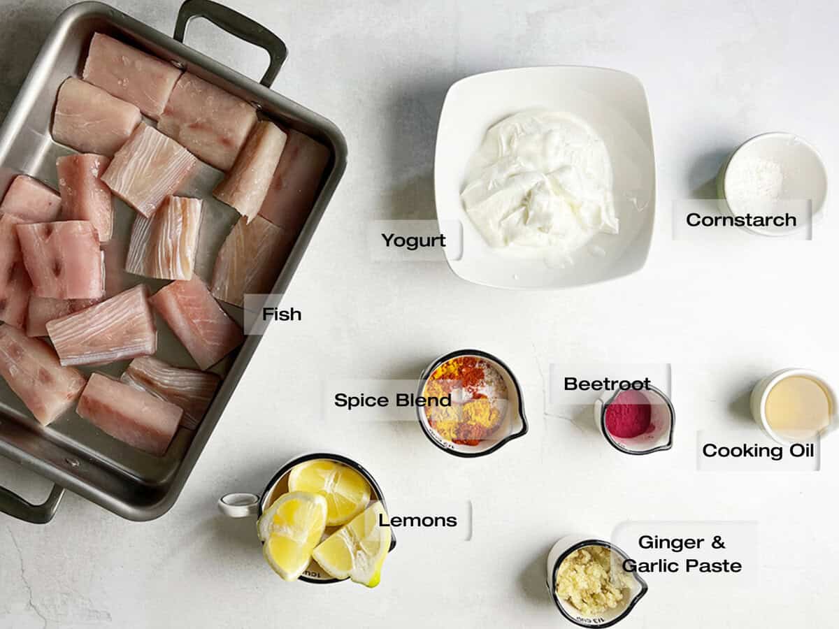 Ingredients for a pan seared tandoori fish recipe.