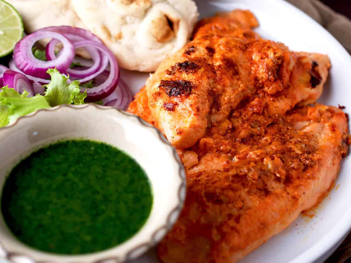 Pan seared Pakistani tandoori fish.
