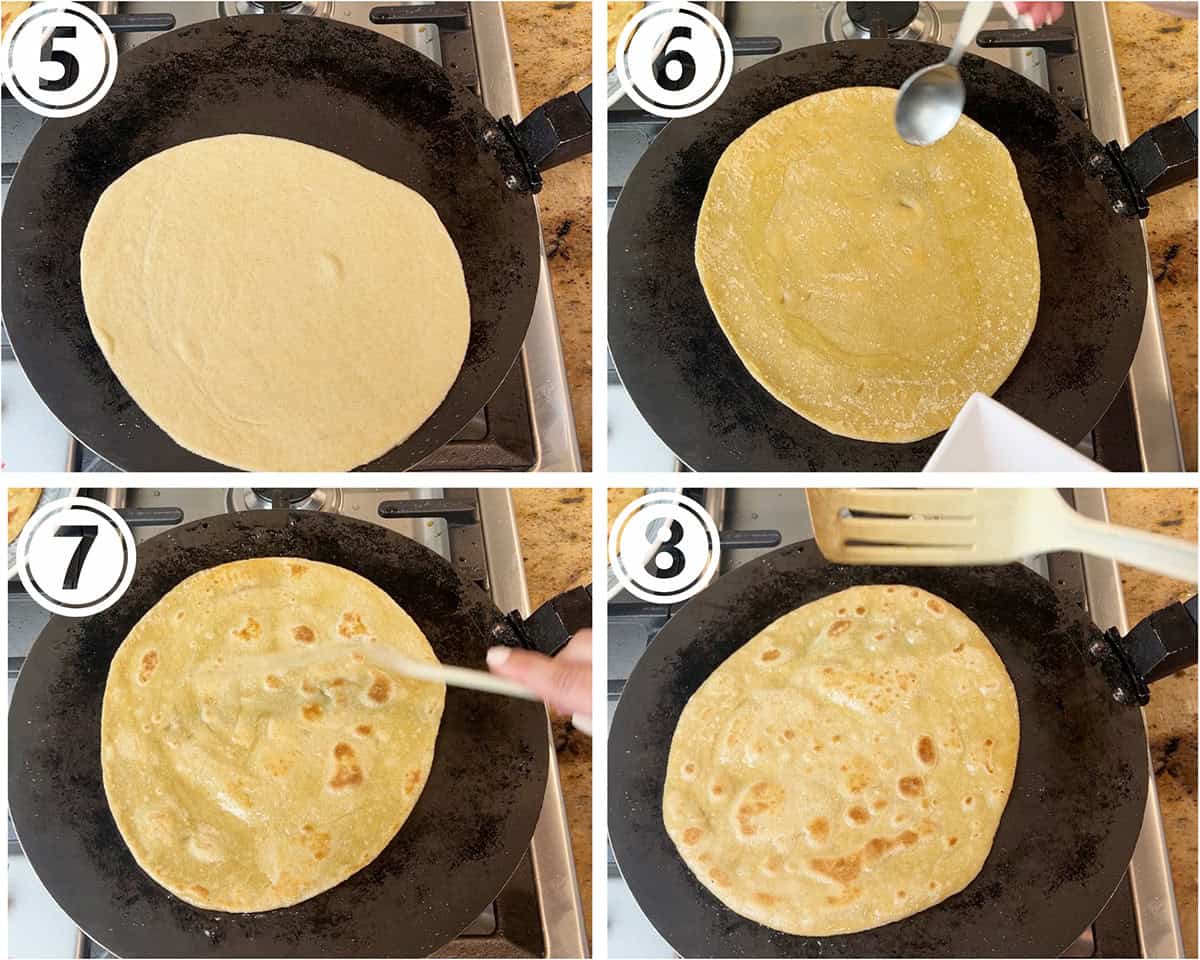 A set of 4 pictures show how a pakistani flatbread is cooked on a griddle.