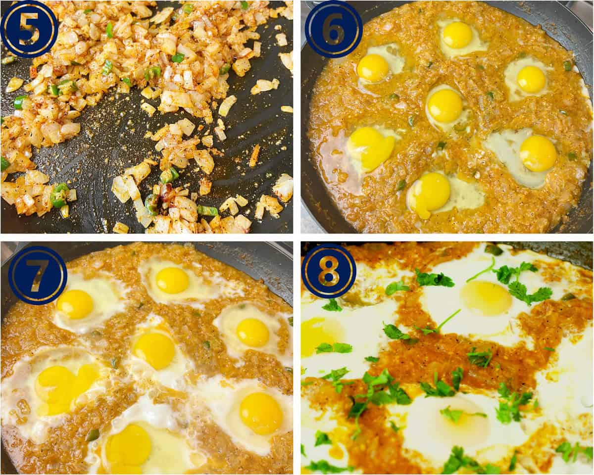 A collage of 4 pictures shows eggs being cooked in a shakshuka recipe.