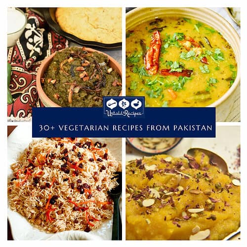 A collage of images showing Pakistani vegetarian recipes for mustard greens, lentils, pulao and halwa.